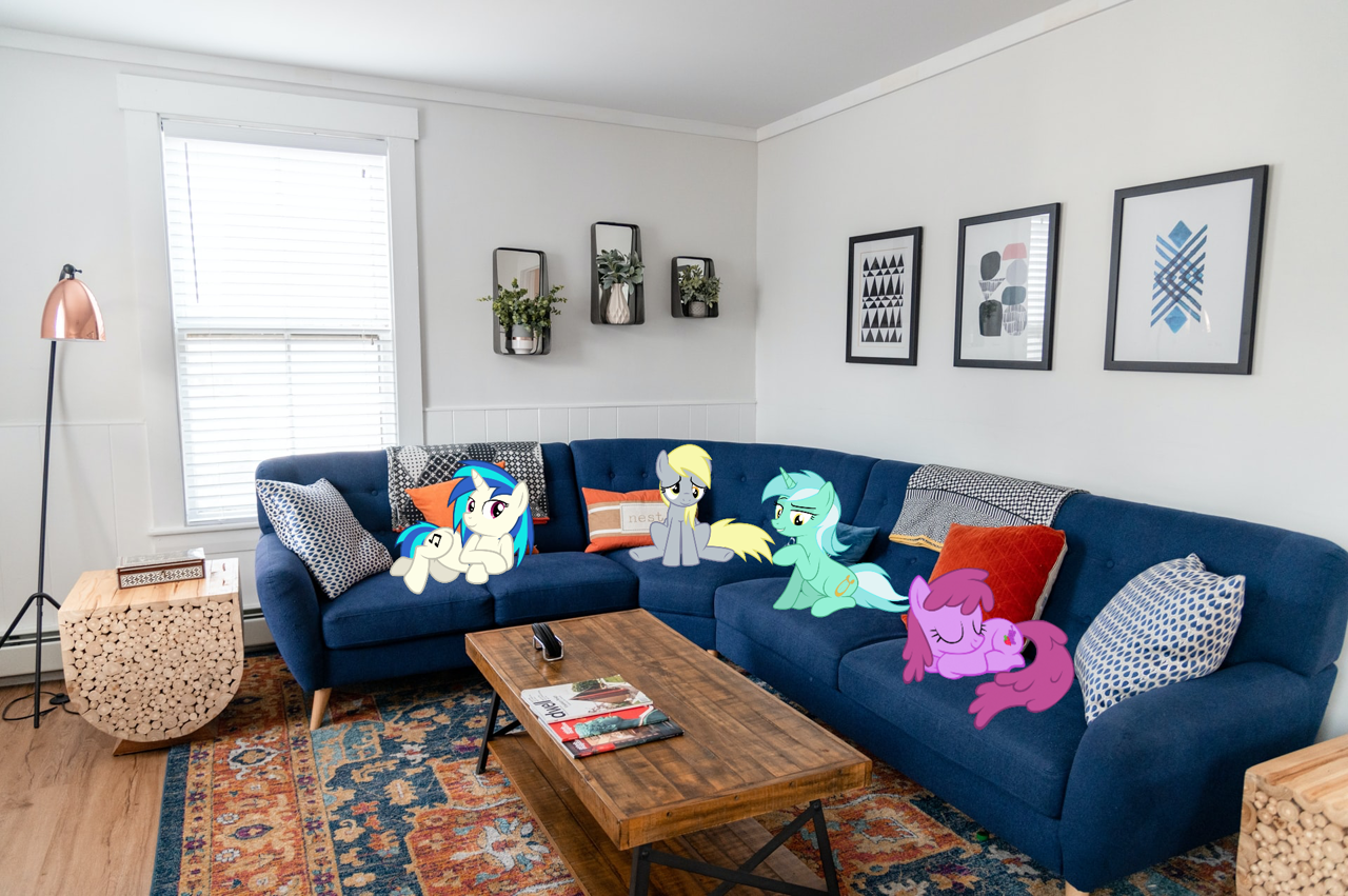 Lyra, DJ POn-3, Berryshine, and Derpy Hooves sitting and resting in apartment in Norway, Maine.