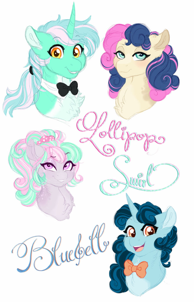 The ultimate couple of couples
Honestly this was just supposed to be a warmup sketch of a new character design (Lolly up there), but then it felt kinda empty to post a sole headshot sketch... Then I added Bluebell, and then Bon Bon came along too, and lastly did Lyra. So... Family reunion!!!
I was kind of inspired by WanderingPegasus 's take on Bon Bon and Lyra when drawing them, just some tiny itsy bitsy details~ Also I was inspired by ItsTechTock 's HC on them when I drew that bowtie on Lyra! It's just... perfection.
Lyra Heartstrings is a musician and and anthropology enthusiast, while Bonnibell Heartstrings, or Bon Bon, is your regular ordinary local confectioner housewife... What? Secret Agent? Pff nooo.
The new girl in the middle is Lollipop Swirl, the youngest daughter of the couple. Her personality is literally Candy Store from heathers. That's all you need to know. I have nothing else to say. She's the queen of mean of her candyland kingdom (read as highschool) with her polka dot scrunchie tiara.
And, as y'all already know, the sweet Bluebell
The sibling relationship is kinda... Complex. Lollipop is a student at Ponyville High and their one and only... Regina George. Don't be fooled by her sugary pretty pink looks, she's... Pretty rotten inside. She often manages to get away with stuff she does since her older sister is a teacher. Not that Bluebell notices her keys missing every now and then, or is in the least aware of her lil' sister's reputation as school. I mean it's great she has a lot of friends right??
Also Bluebell totally has a "bad cop" bowtie for when she needs to scold a student.
Tho Lollipop manages to play the good girl around most... Bon Bon sees right through her. Mom and daughter have some sort of passive agressive relationship and Lolly kinda acts more like... herself around her. And will resort to... special measurementes from old resources to teach her daughter a lesson if she happens to cross the line and she hears about it.
Lollipop Swirl's original design was made by p-aperboy